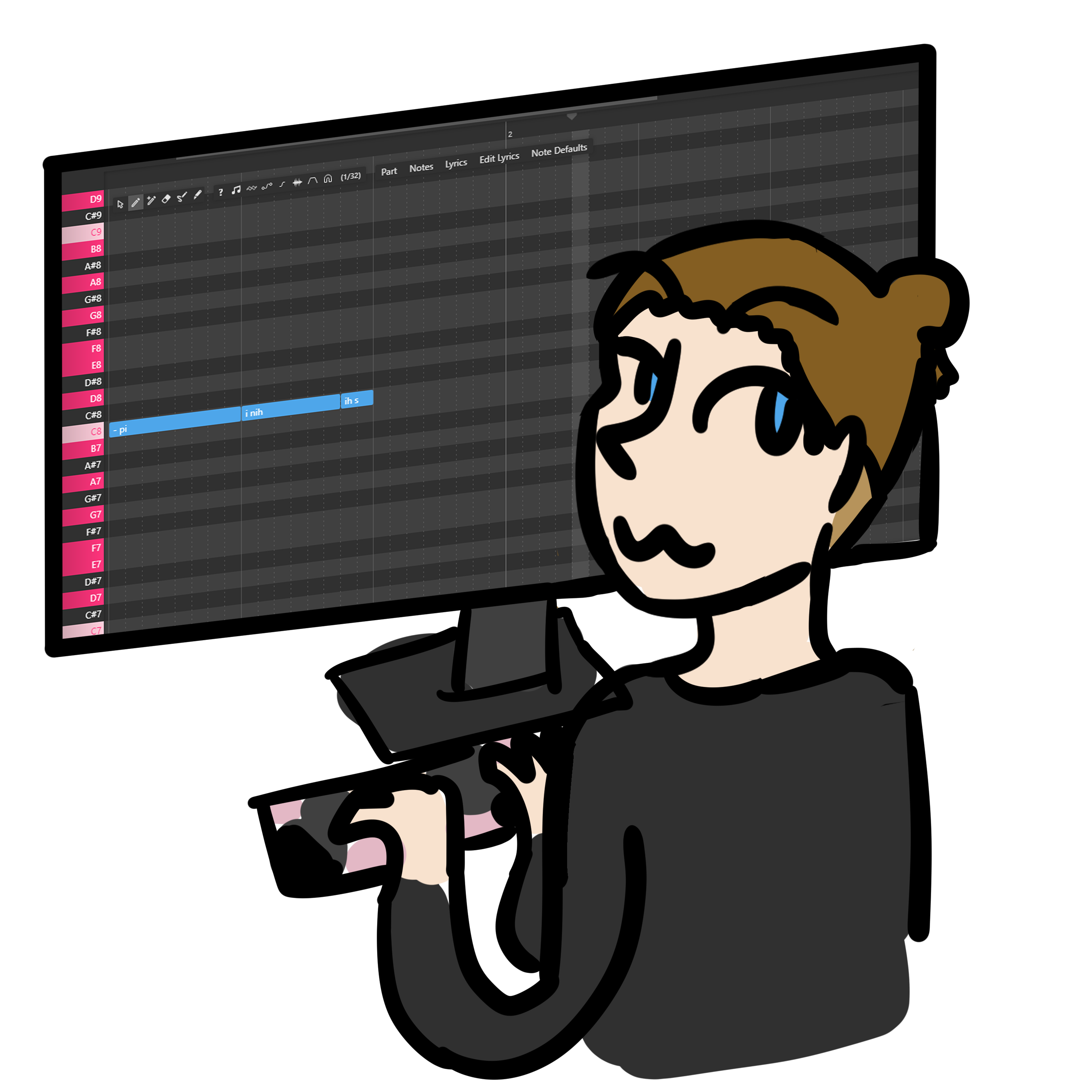 Doodle of Zee behind a monitor with OpenUTAU opened on it (it says penis hehe).