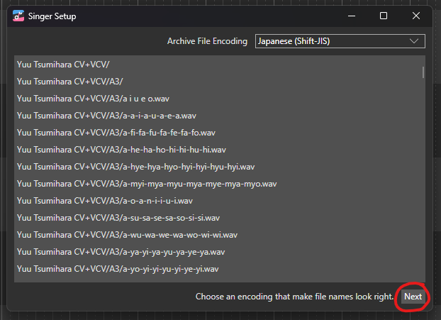 OpenUTAU's Archive File Encoding menu, with the Next button circled.