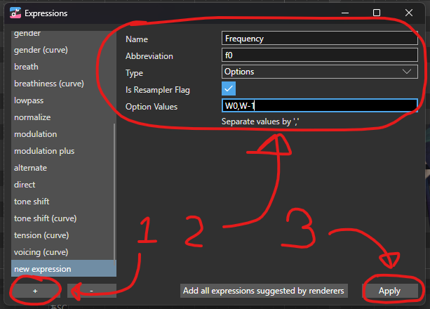 OpenUTAU's expression editor, The + is marked 1, the paremeters are marked 2, and the Apply button is marked 3. The parameters are filled in as follows: Name: Frequency Abbreviation: f0 Type: Options Is Resampler Flag: y Option Values: W0,W-1.