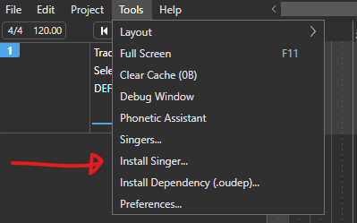 OpenUTAU's menu, showing where Install Singer... is under the Tools menu.
