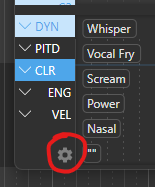 OpenUTAU's paremeter editor, showing the location of the voice color selection within the CLR parameter.