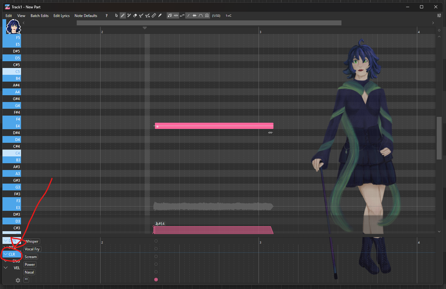OpenUTAU's paremeter editor, showing the location of the CLR parameter.