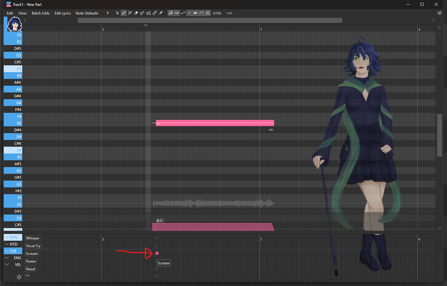 OpenUTAU's paremeter editor, showing the location of the voice color selection within the CLR parameter.