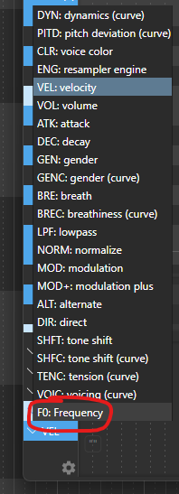 OpenUTAU's paremeter editor, showing the f0 parameter is now selectable from the list.