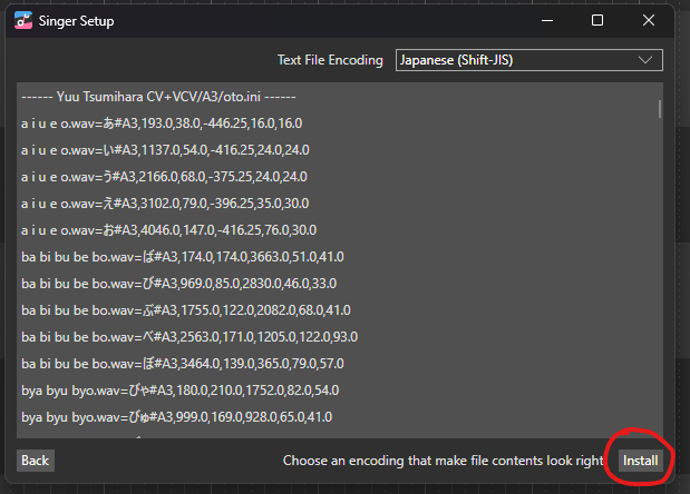 OpenUTAU's Text File Encoding menu, with the Install button circled.