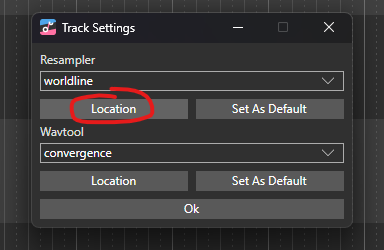 OpenUTAU's track settings, Location under Resampler is circled.